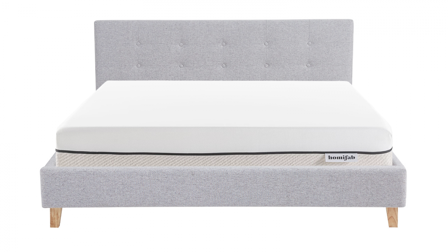 Ensemble Lit adulte 140x190cm avec tête de lit en tissu gris chiné - Milo + Matelas ressorts ensachés - Spring Elite