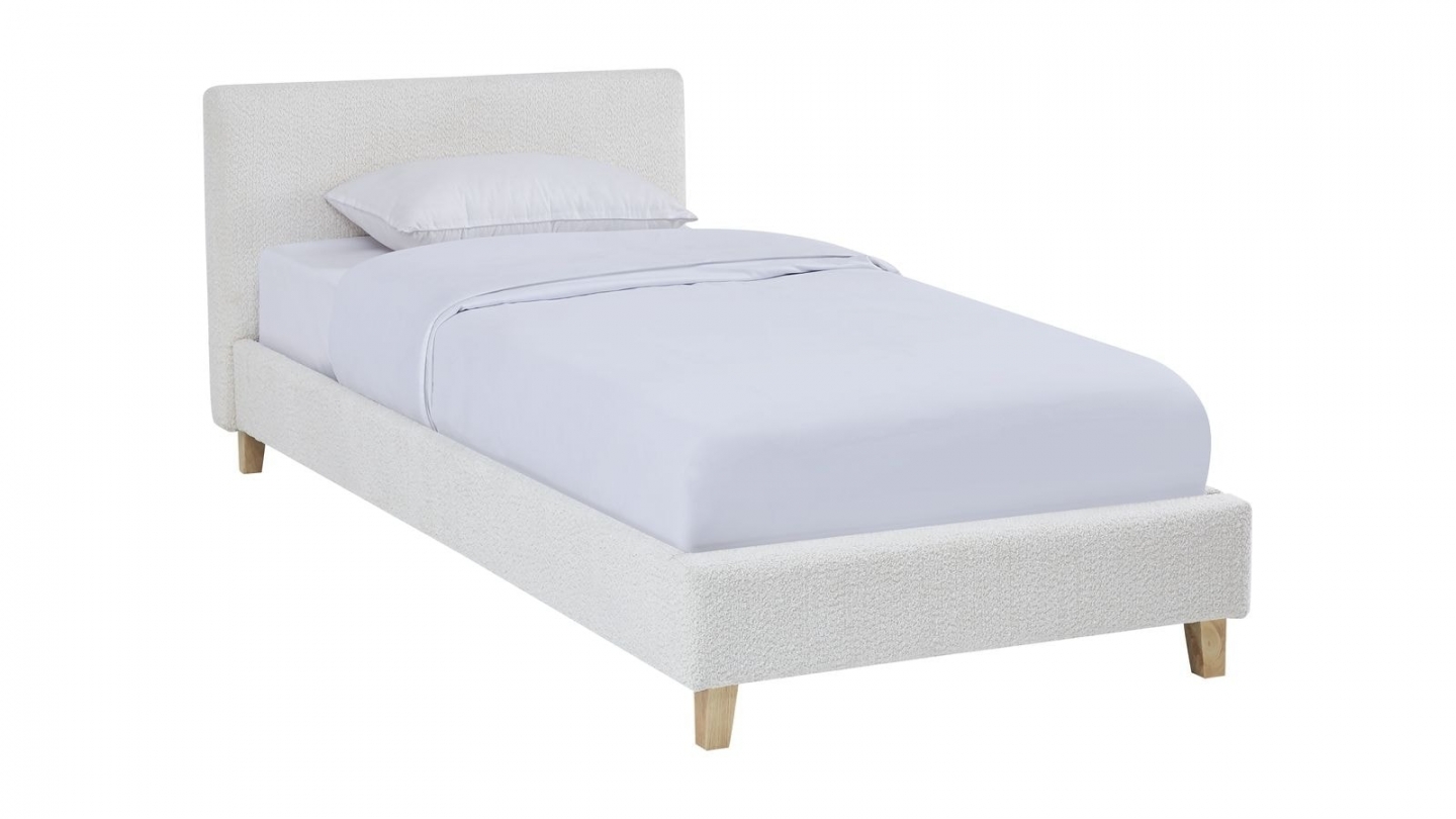 Ensemble Lit adulte 90x190cm avec tête de lit en tissu bouclé beige - Milo + Matelas ressorts ensachés - Spring Elite