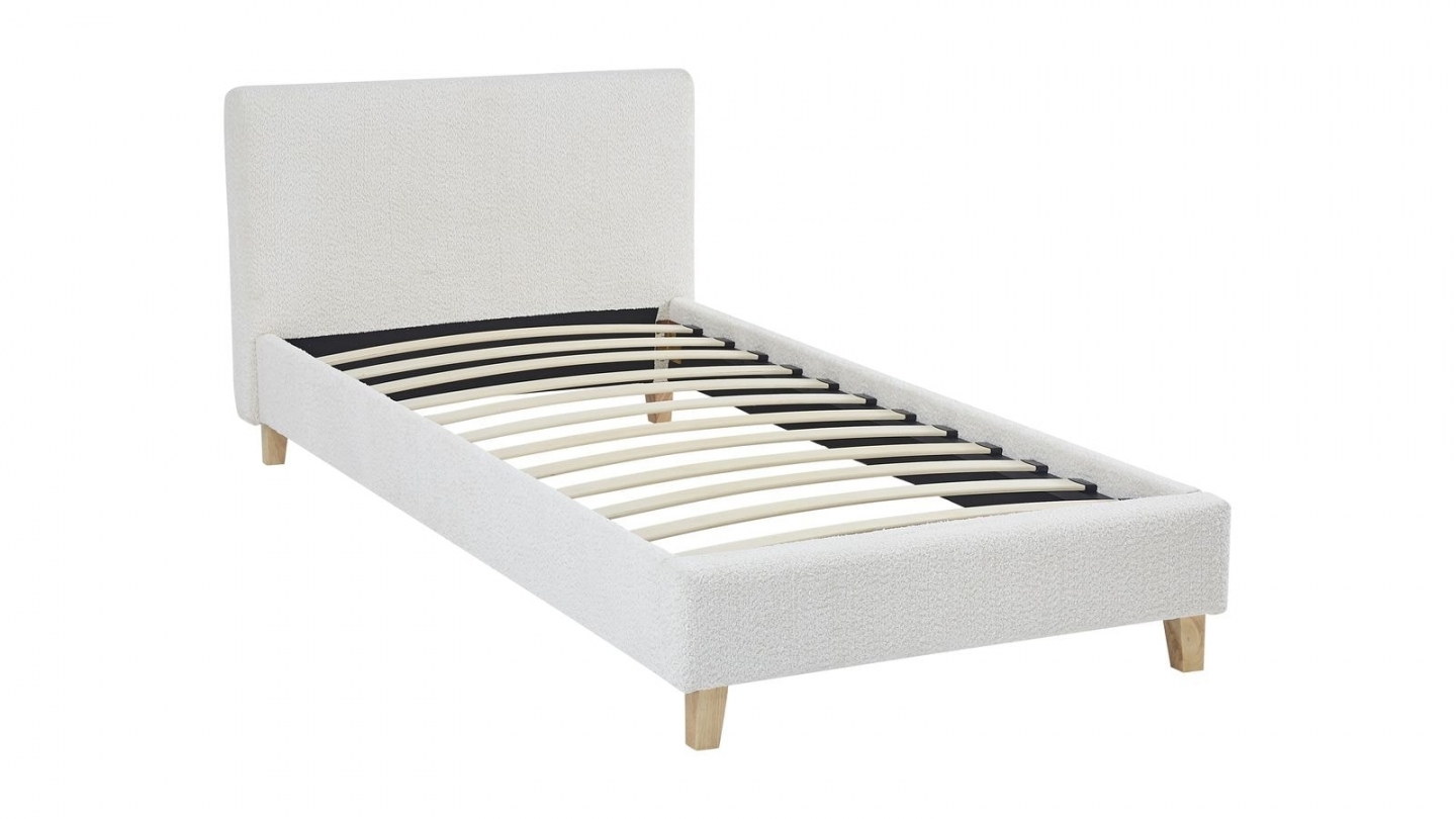 Ensemble Lit adulte 90x190cm avec tête de lit en tissu bouclé beige - Milo + Matelas ressorts ensachés - Spring Elite