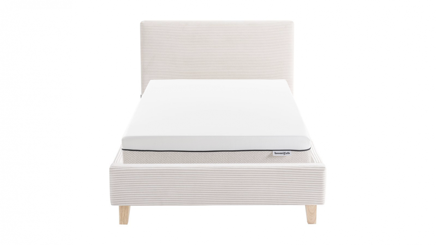Ensemble Lit adulte 90x190cm avec tête de lit en velours côtelé beige - Milo + Matelas ressorts ensachés - Spring Elite