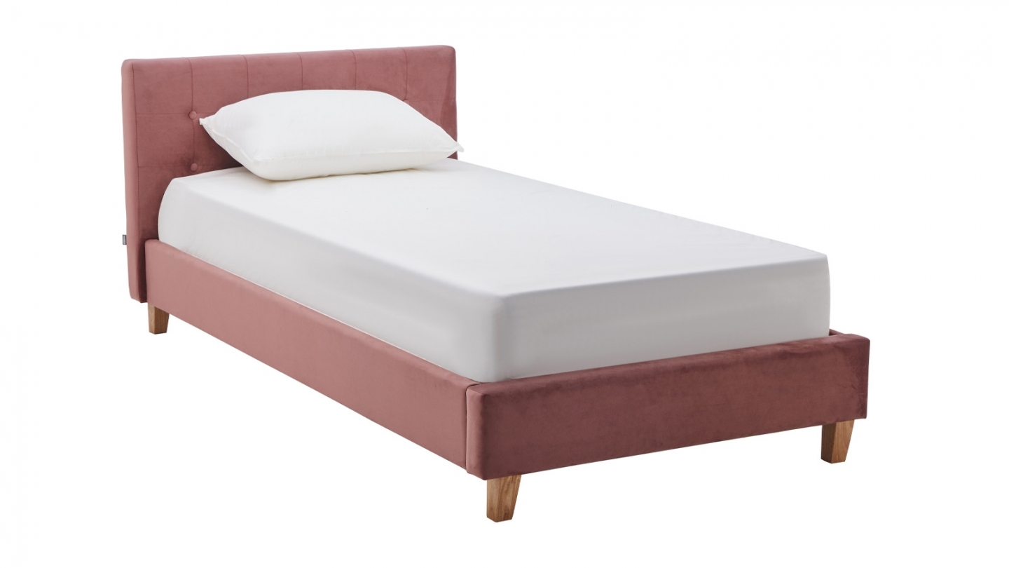Ensemble Lit adulte 90x190cm avec tête de lit en velours vieux rose - Milo + Matelas ressorts ensachés - Spring Elite