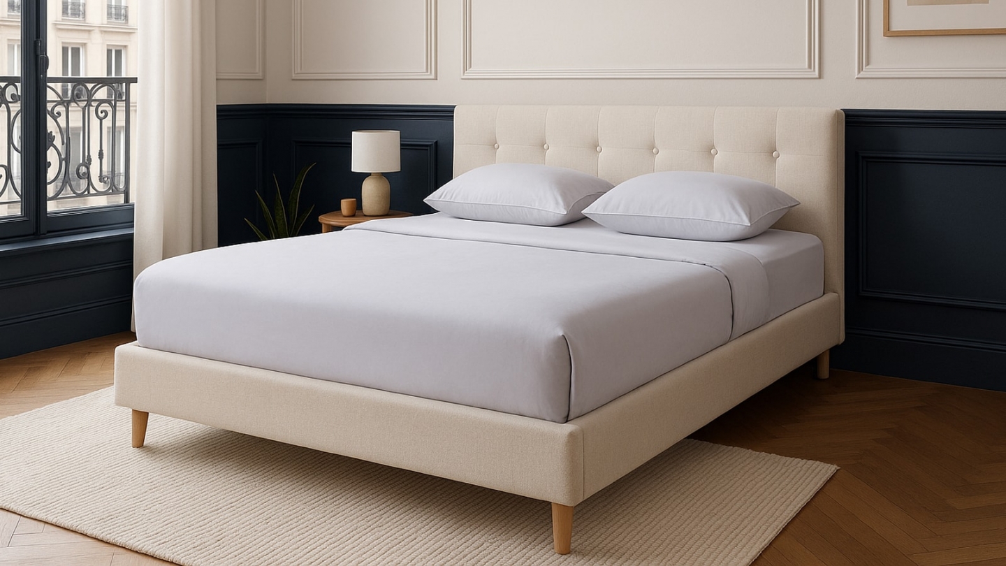 Lit adulte 140x190 cm avec tête de lit capitonnée en tissu beige - Milo