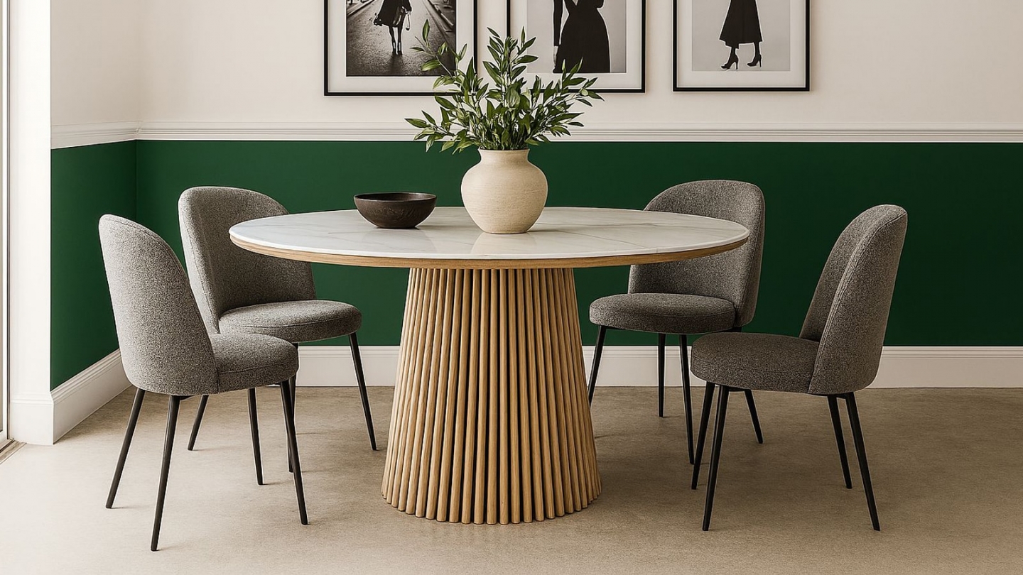 Table à manger ronde plateau en céramique effet marbre et piètement bois clair 5 à 6 pers. 120 cm - Ada