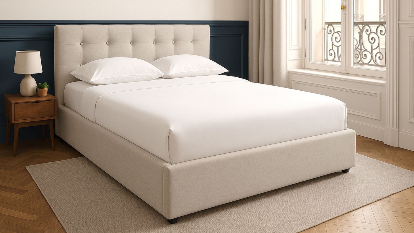Lit coffre adulte 160x200 cm avec tête de lit matelassée en tissu beige et sommier - Tina