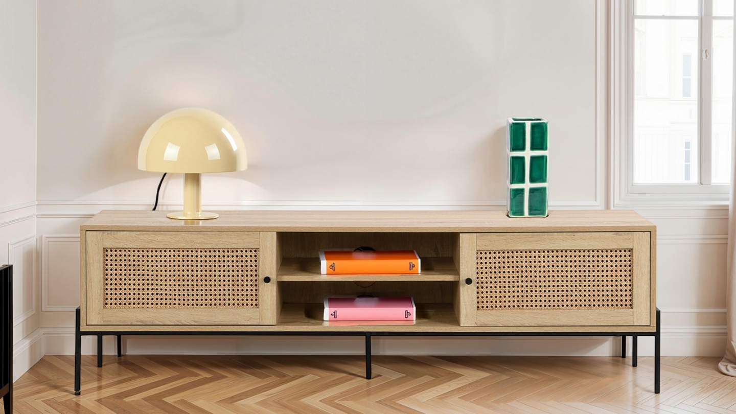 Meuble TV 2 portes en cannage naturel et effet chêne 160 cm - Iris