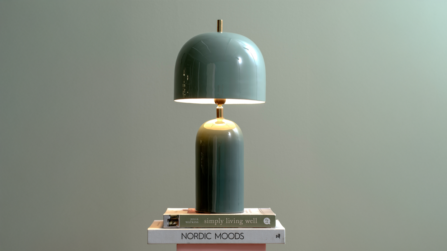 Lampe à poser champignon en métal émaillé bleu jean avec bleu brume - Rico