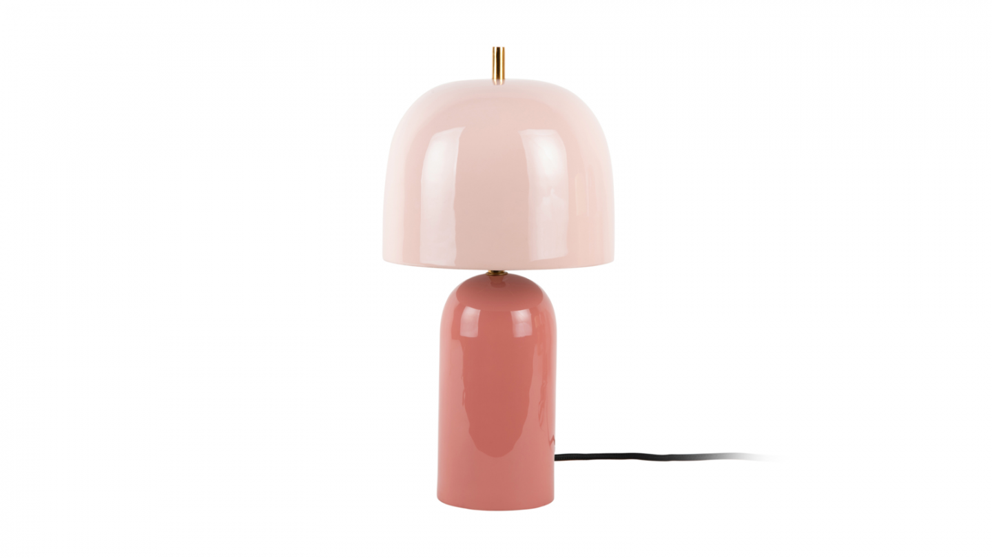Lampe à poser champignon en métal émaillé rose brun avec rose pâle - Rico