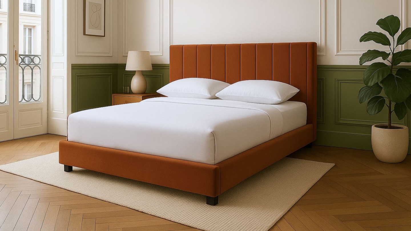 Lit adulte 160x200 cm avec tête de lit capitonnée en velours terracotta - William