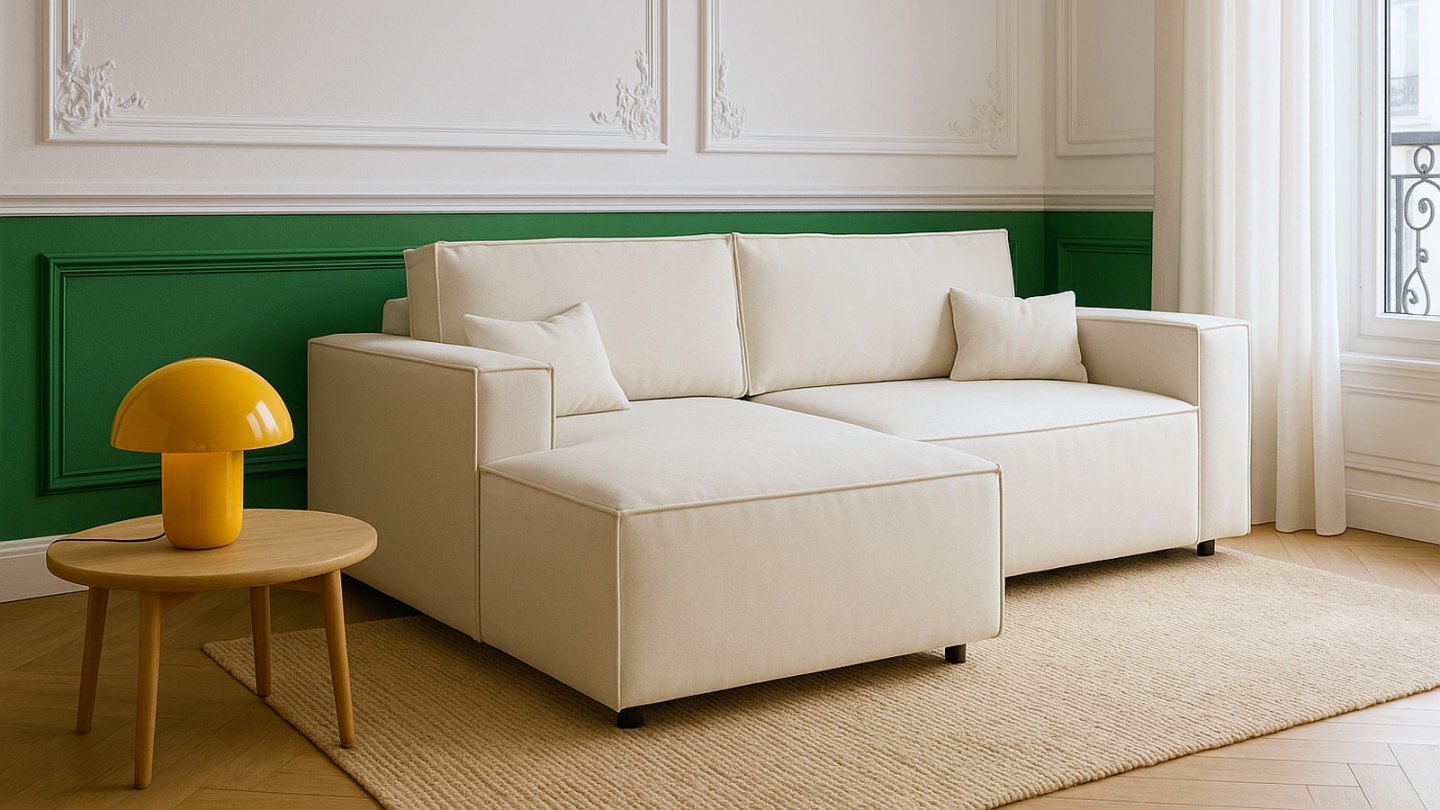 Canapé d'angle à gauche convertible 3 places en tissu chenille beige - Asti