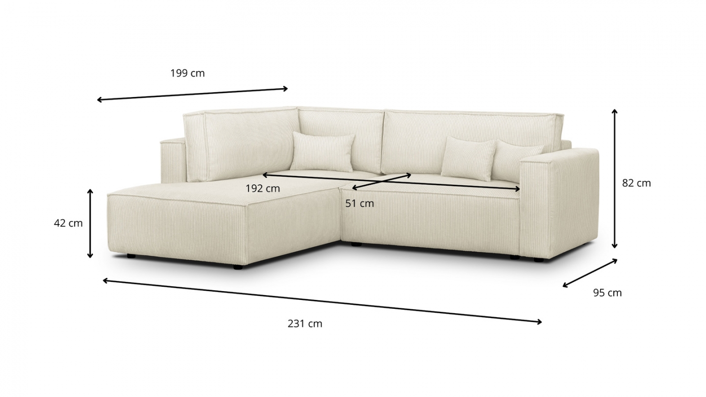 Canapé d'angle ouvert à gauche convertible 3 places en velours côtelé beige - Emma