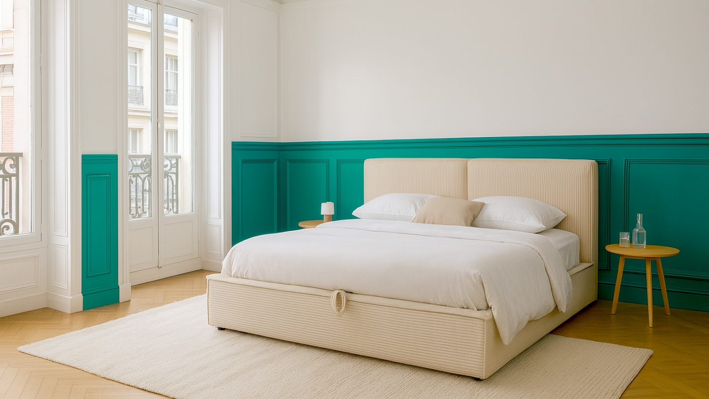 Lit coffre adulte 160x200 cm avec sommier et tête de lit matelassée en velours côtelé beige - Arno
