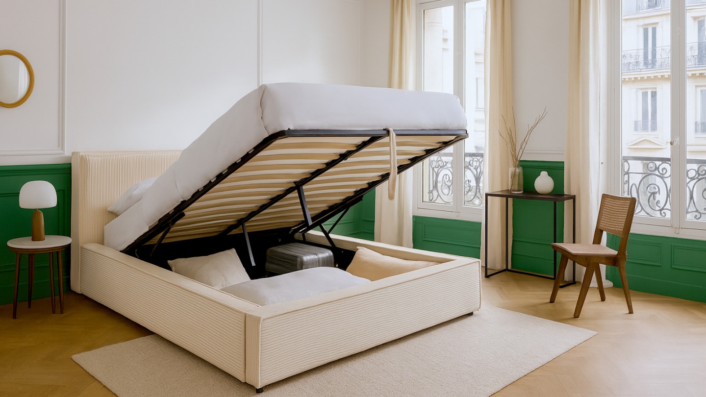 Lit coffre adulte 160x200 cm avec sommier et tête de lit matelassée en velours côtelé beige - Arno