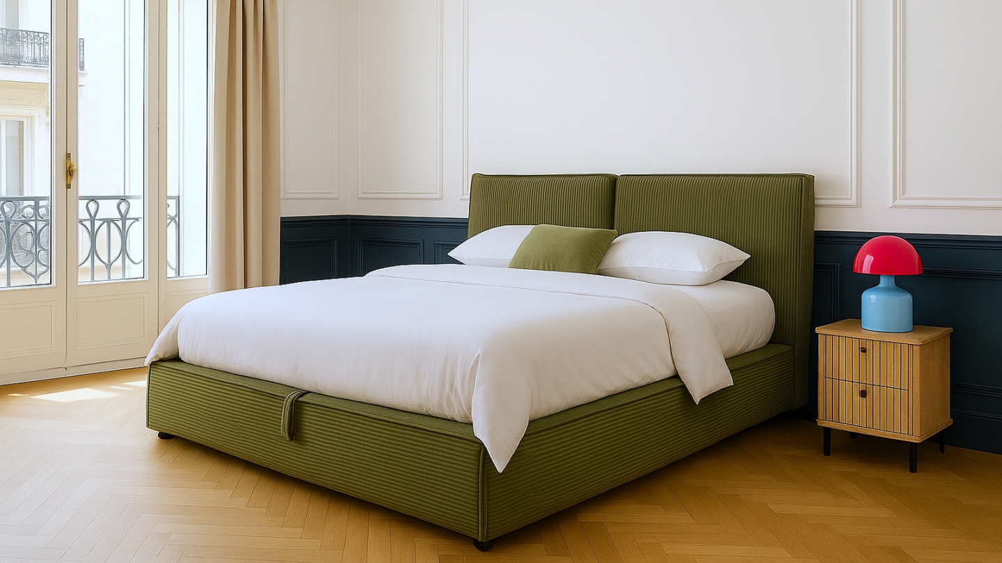 Lit coffre adulte 180x200 cm avec sommier et tête de lit matelassée en velours côtelé vert kaki - Arno