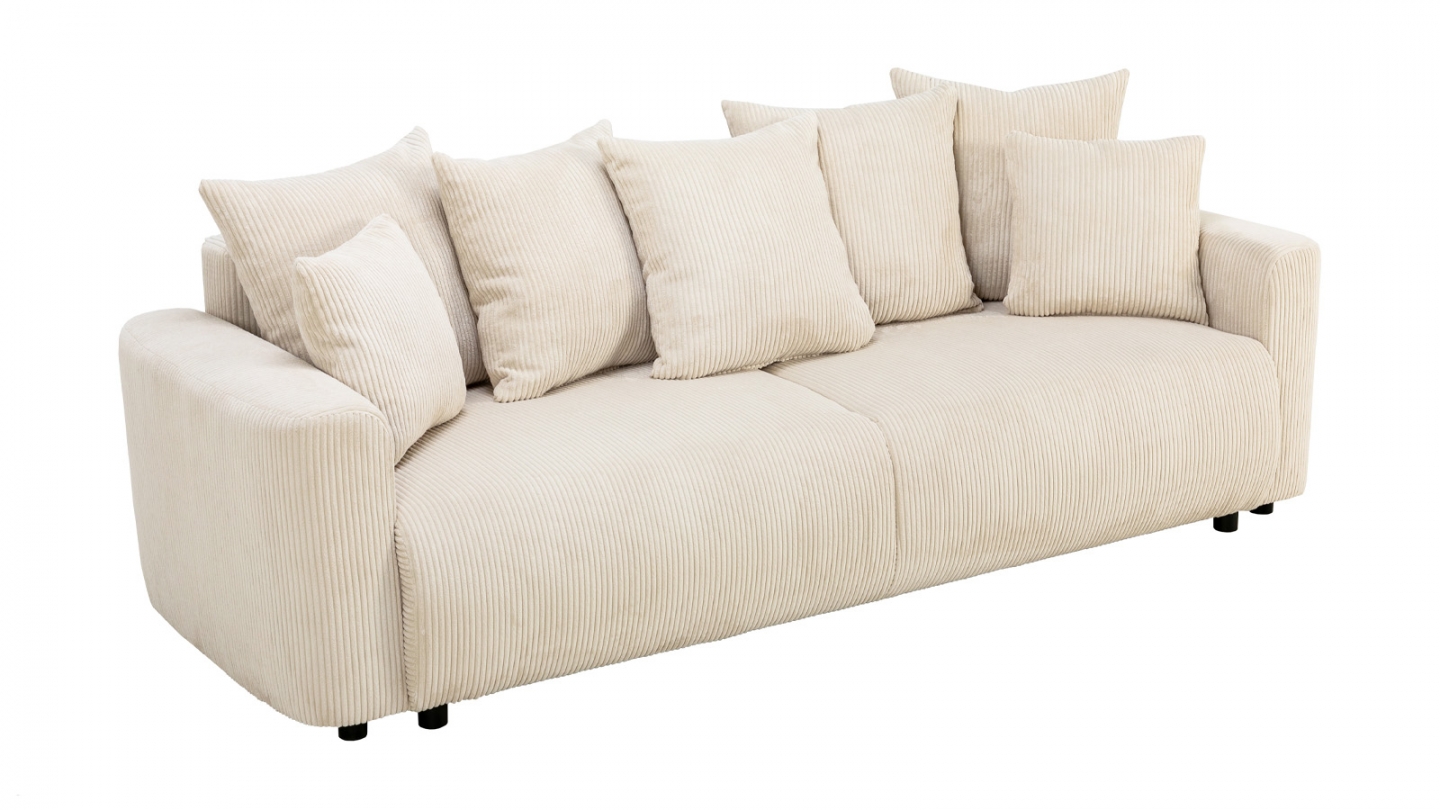 Canapé convertible 3 places en velours côtelé beige avec coffre de rangement - Uma