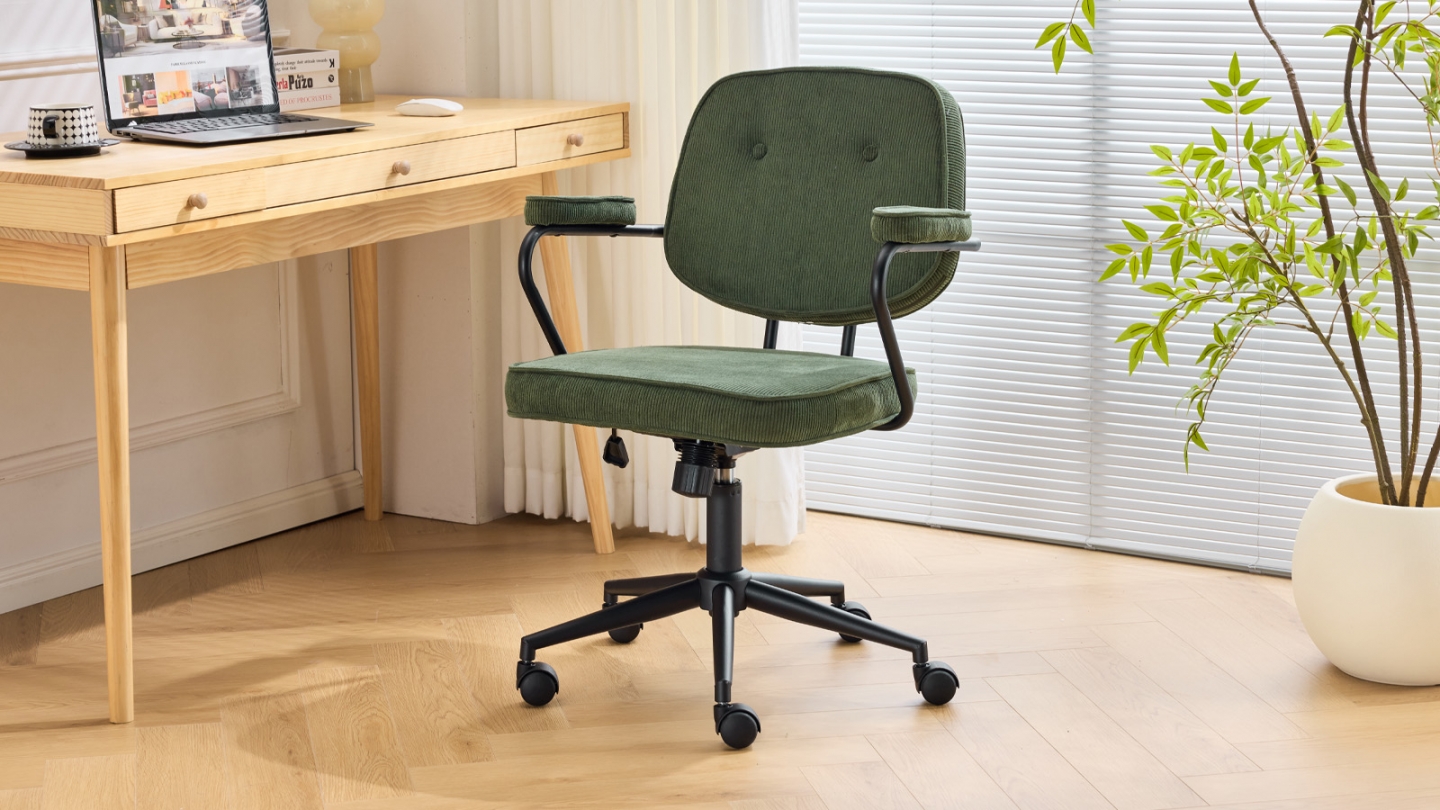 Fauteuil de bureau pivotant et réglable en hauteur en velours côtelé vert kaki - Ann