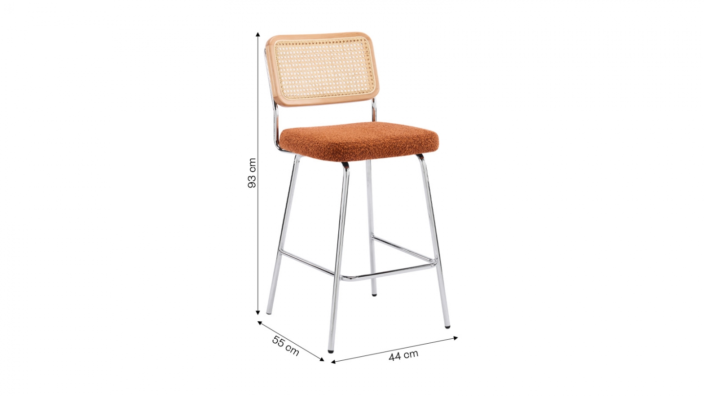 Lot de 2 chaises de bar en cannage et tissu bouclé rouille, piètement chromé - Muse