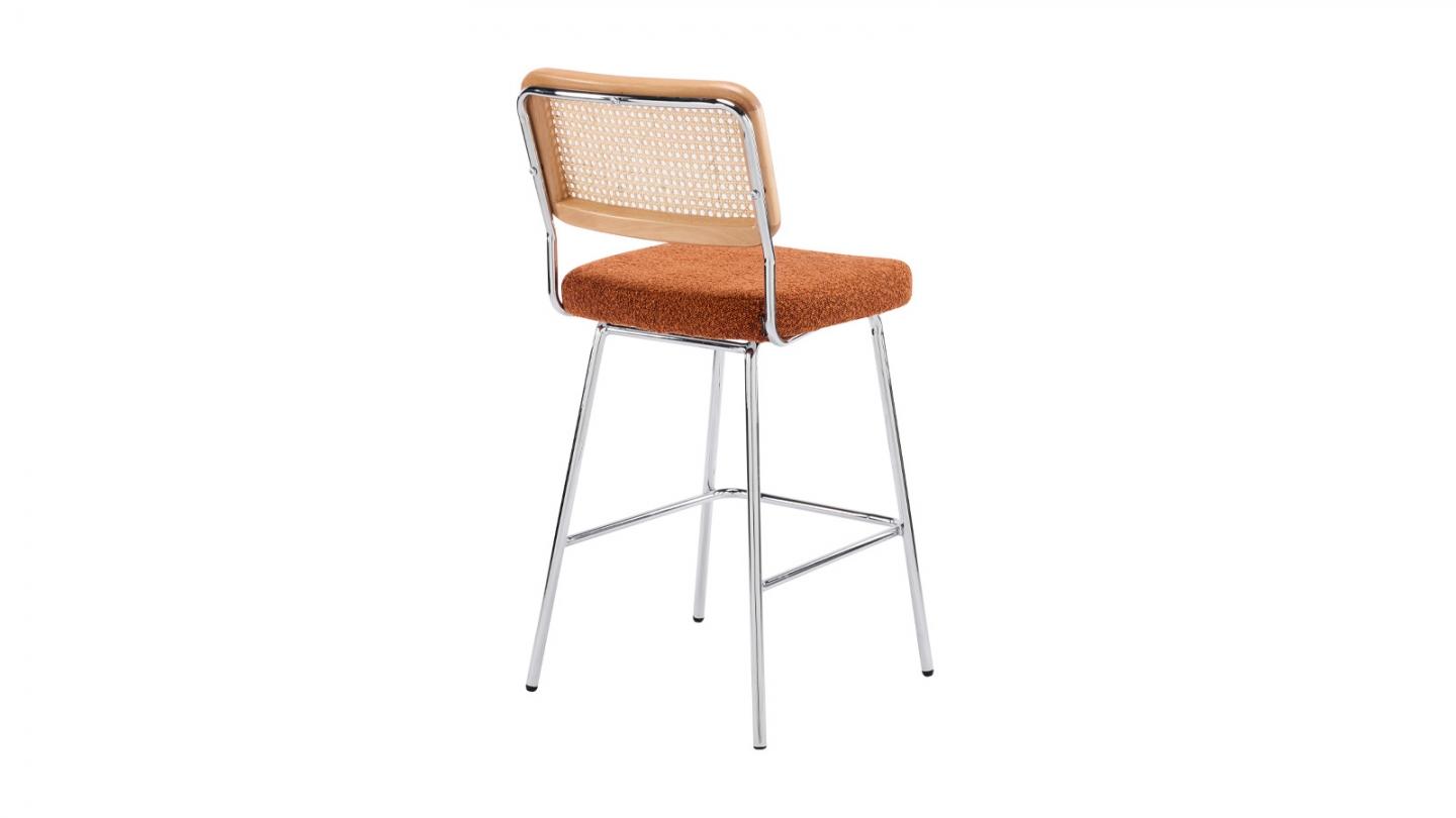 Lot de 2 chaises de bar en cannage et tissu bouclé rouille, piètement chromé - Muse