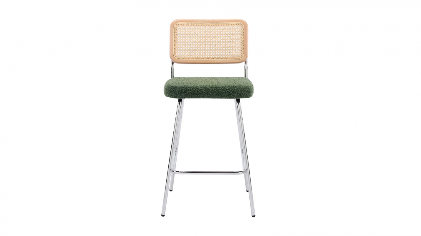 Lot de 2 chaises de bar en cannage et tissu bouclé vert, piètement chromé - Muse