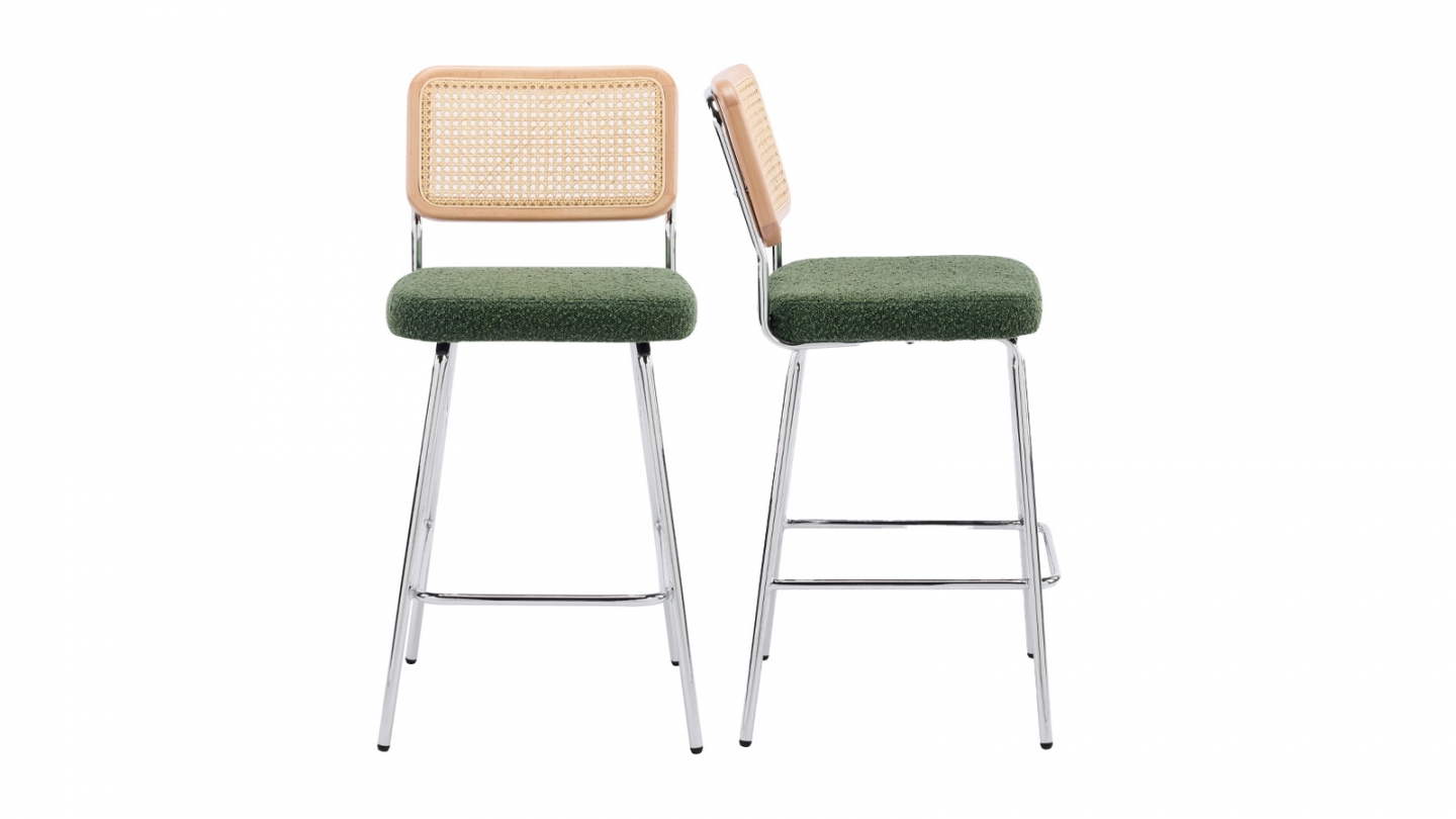 Lot de 2 chaises de bar en cannage et tissu bouclé vert, piètement chromé - Muse