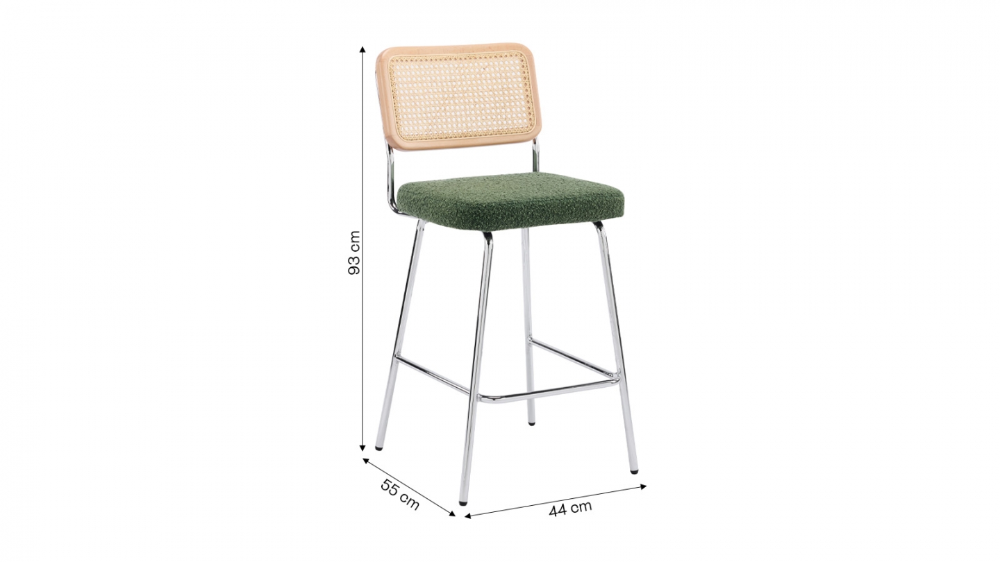 Lot de 2 chaises de bar en cannage et tissu bouclé vert, piètement chromé - Muse
