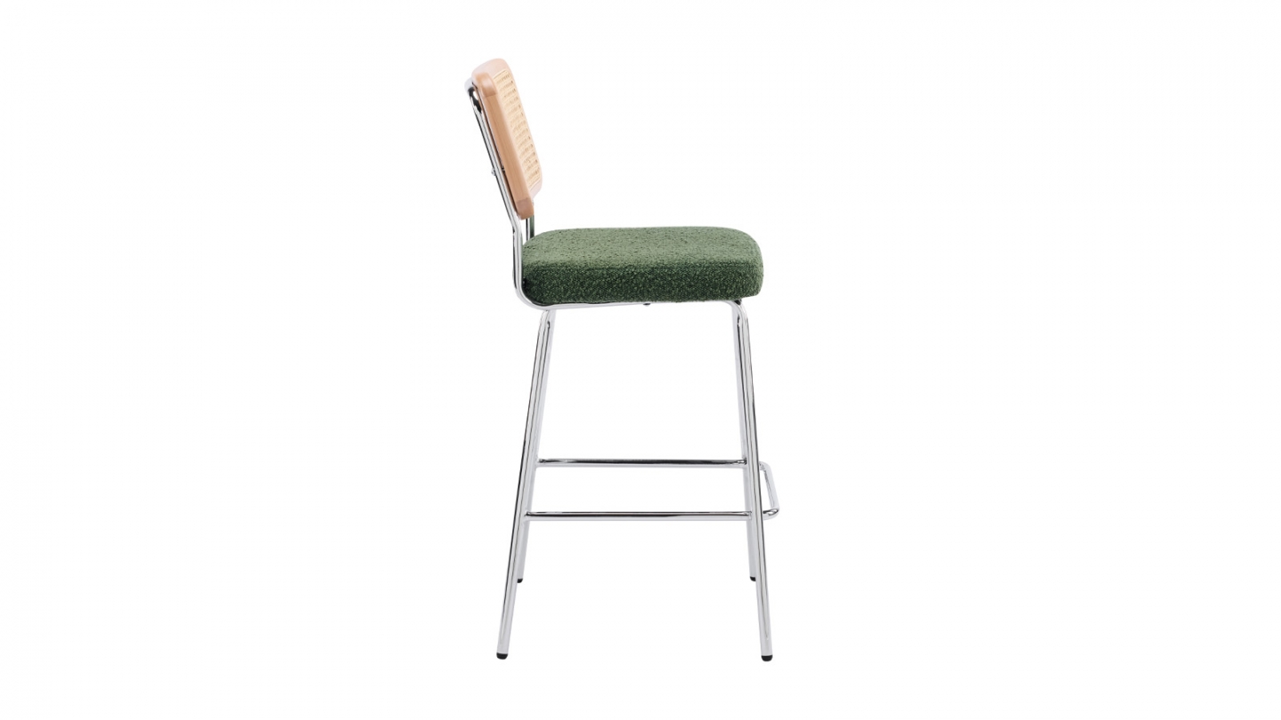 Lot de 2 chaises de bar en cannage et tissu bouclé vert, piètement chromé - Muse