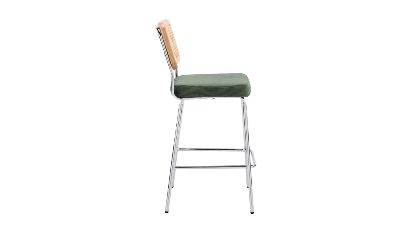 Lot de 2 chaises de bar en cannage et velours côtelé vert kaki, piètement chromé - Muse