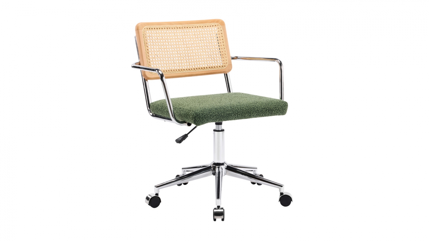 Fauteuil de bureau pivotant et réglable en hauteur en tissu bouclé vert et cannage - Julian