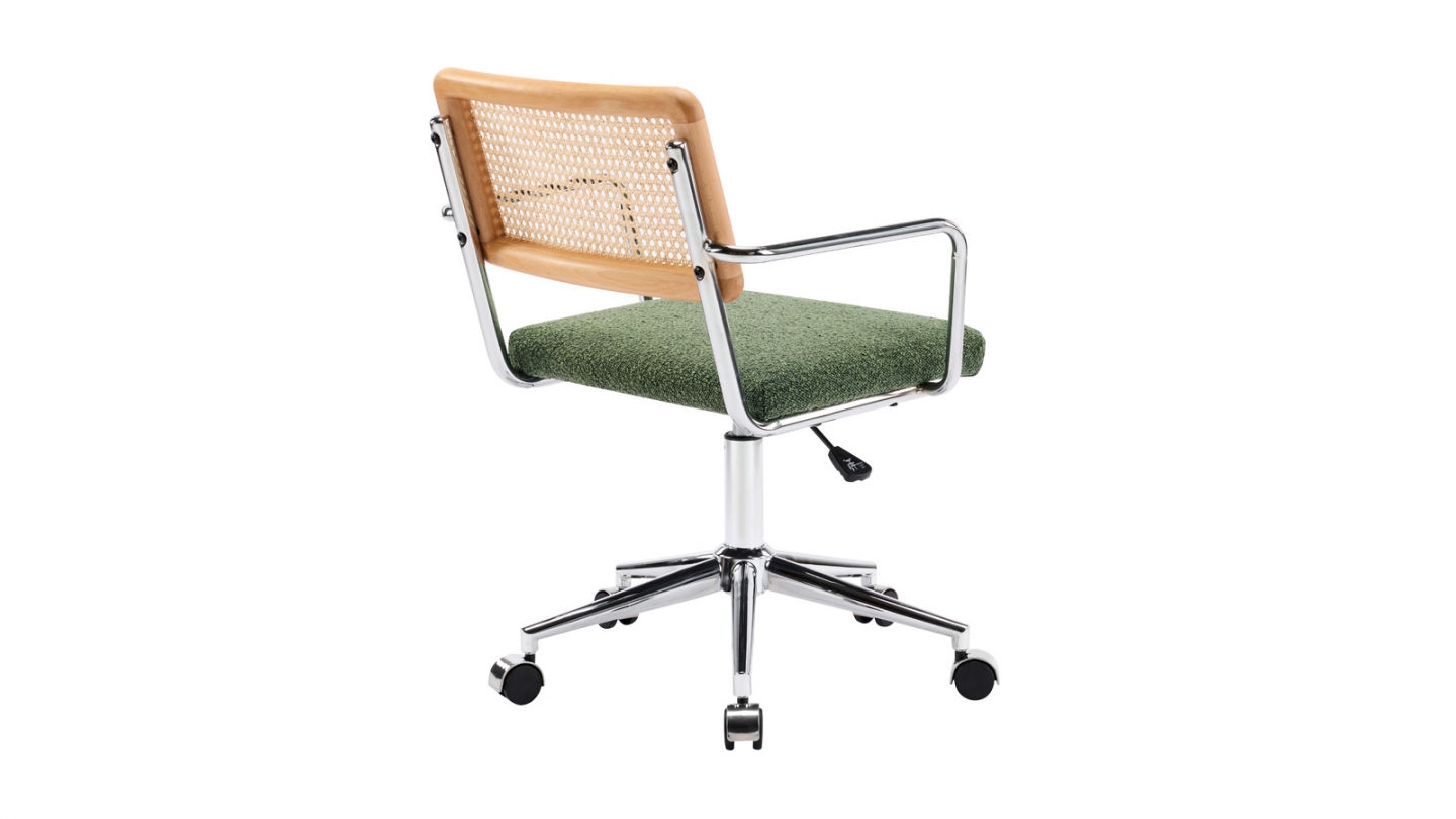 Fauteuil de bureau pivotant et réglable en hauteur en tissu bouclé vert et cannage - Julian