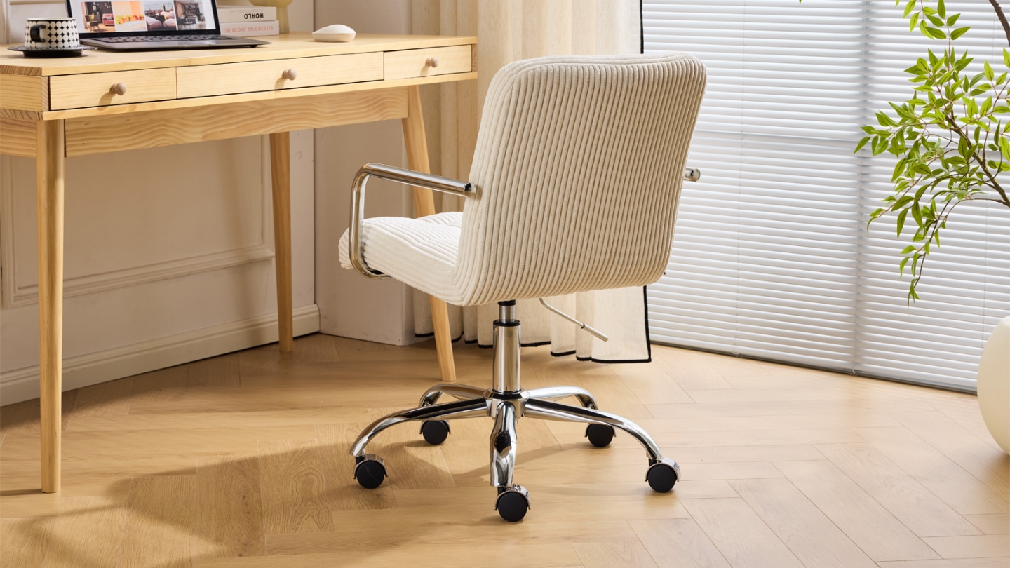 Fauteuil de bureau pivotant et réglable en hauteur en velours côtelé beige - Nolan