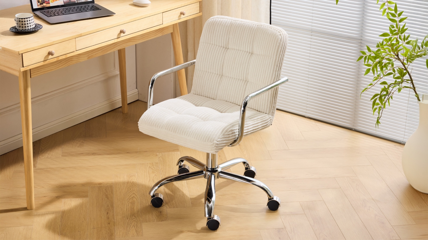 Fauteuil de bureau pivotant et réglable en hauteur en velours côtelé beige - Nolan
