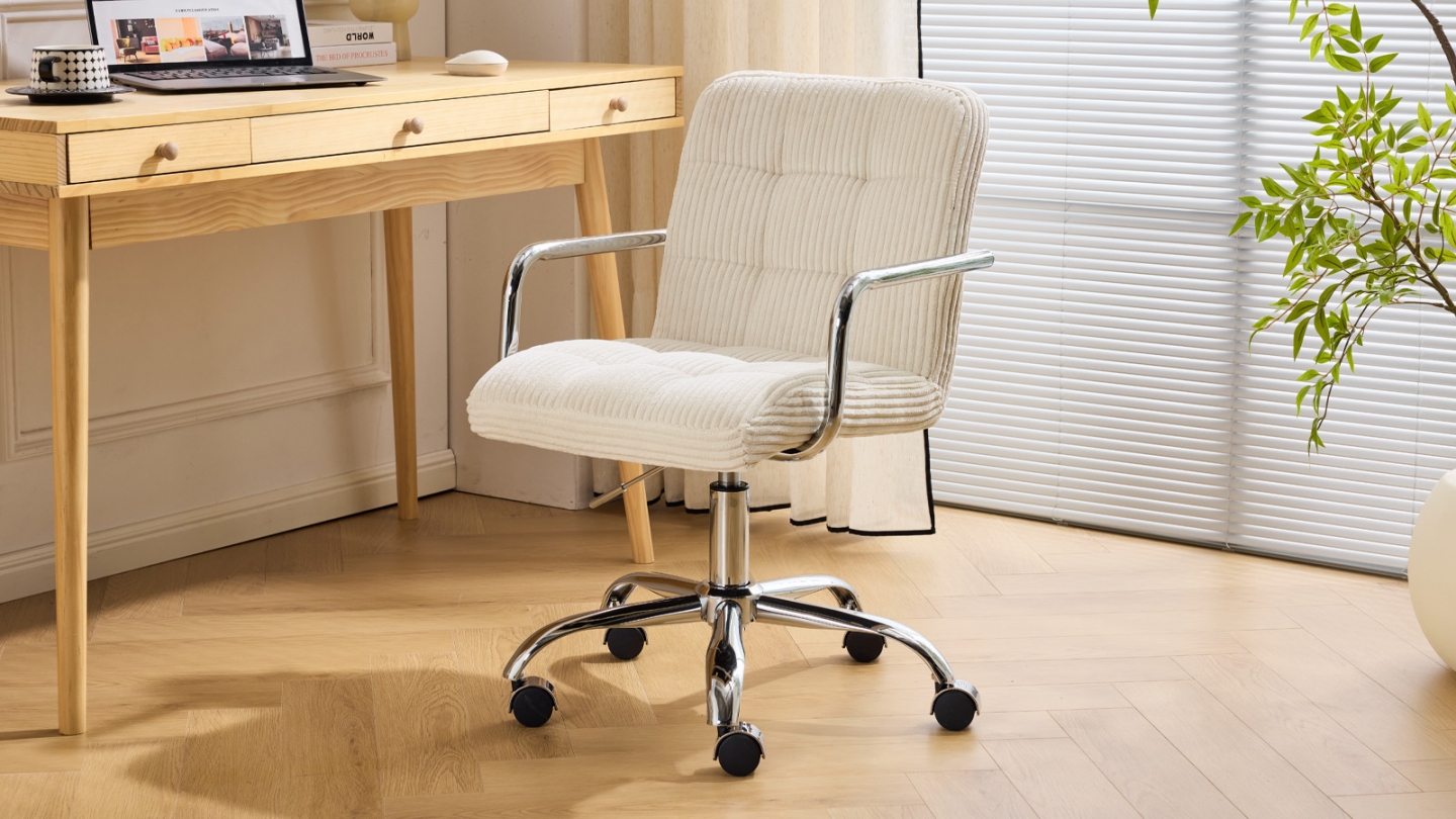 Fauteuil de bureau pivotant et réglable en hauteur en velours côtelé beige - Nolan