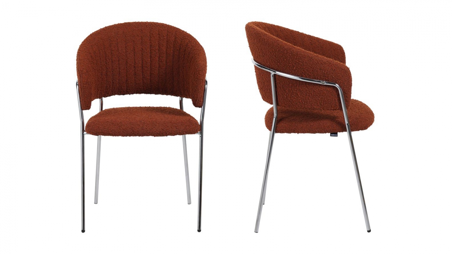 Lot de 2 chaises en tissu bouclé rouille et piètement chromé - Isya