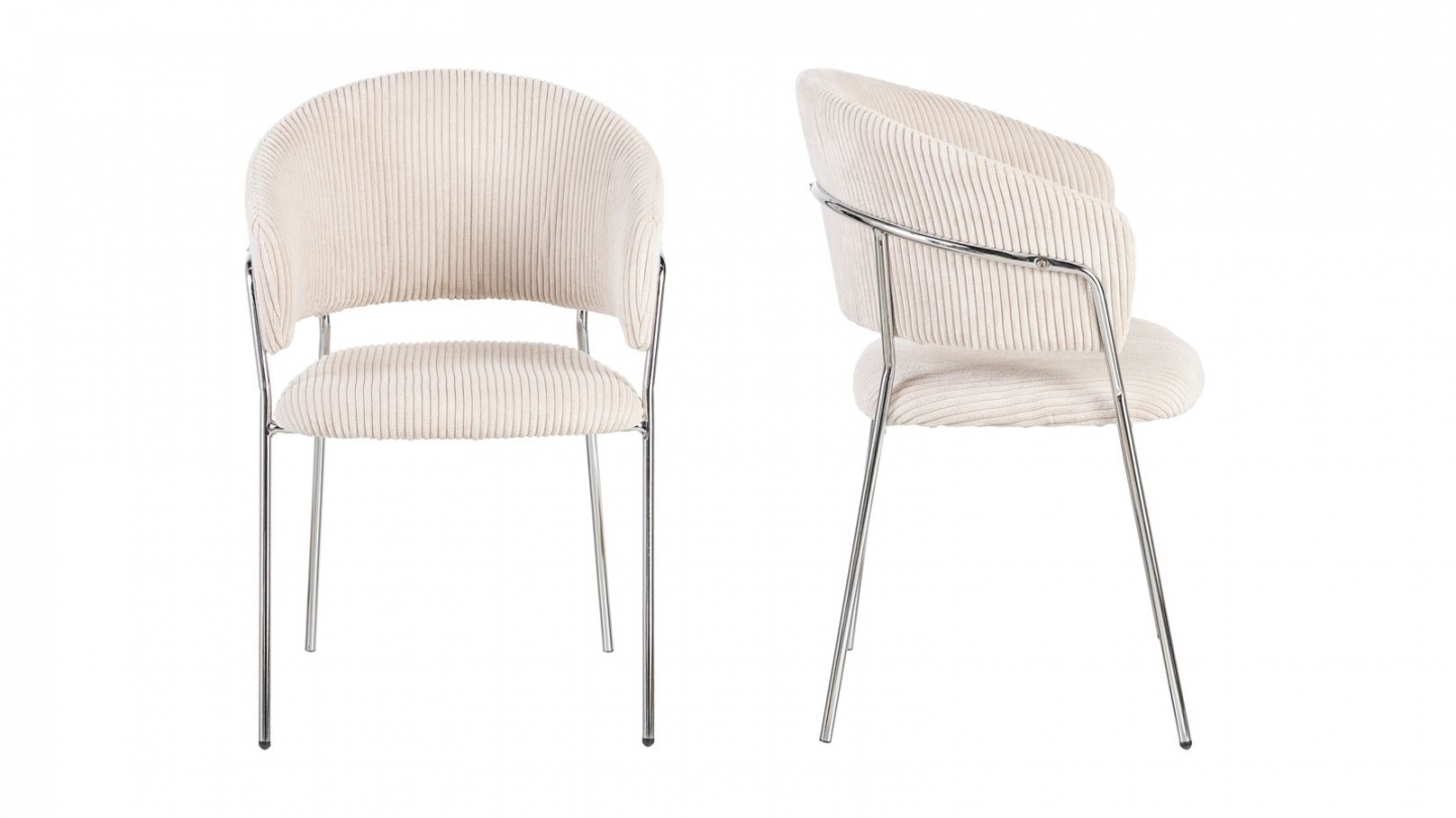 Lot de 2 chaises en velours côtelé beige et piètement chromé - Isya