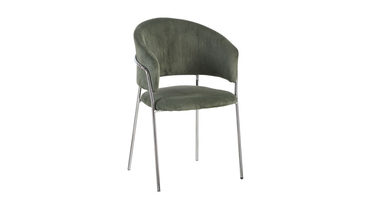 Lot de 2 chaises en velours côtelé vert kaki et piètement chromé - Isya