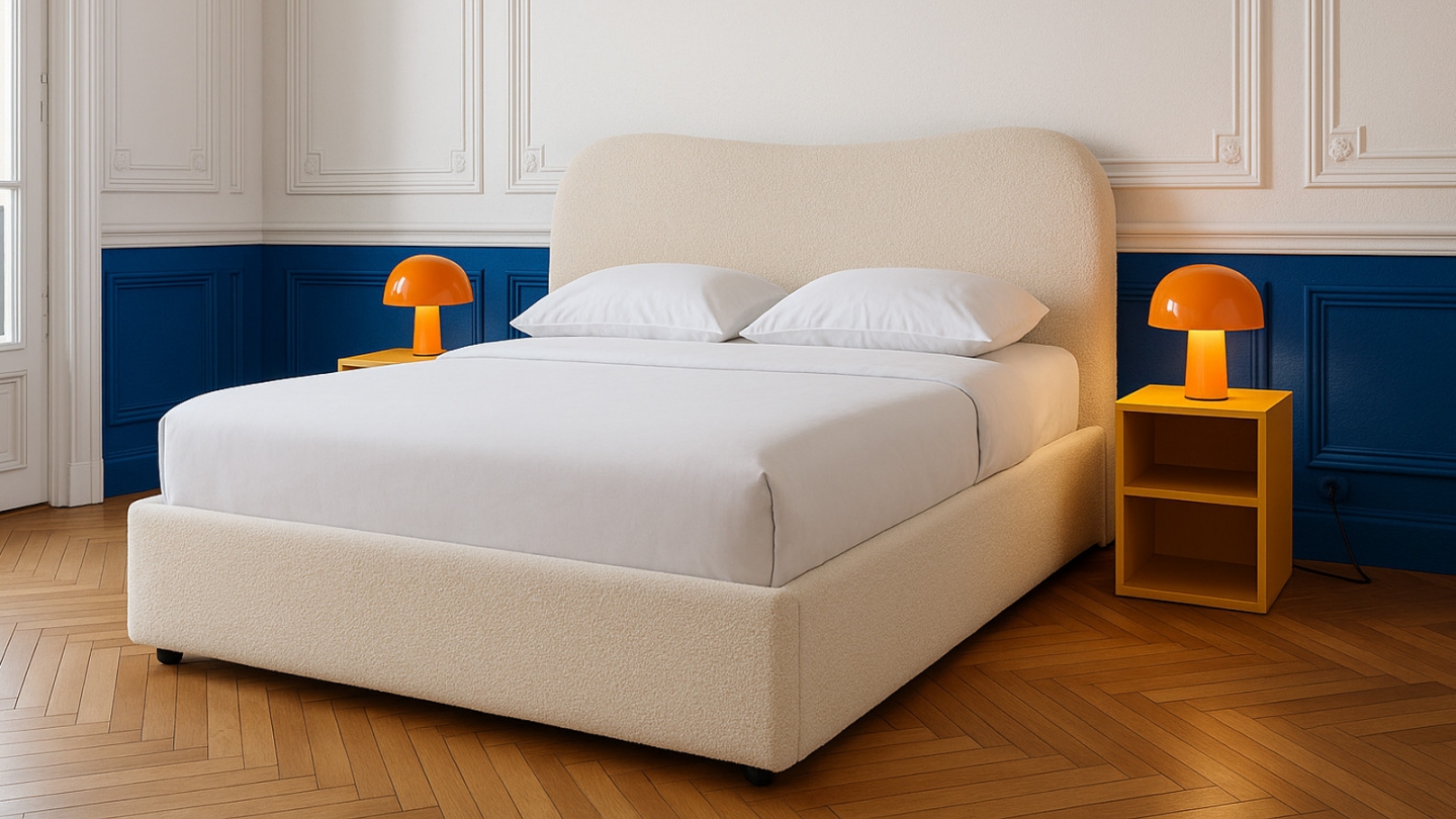 Lit coffre adulte 140x190 cm avec tête le lit arrondie en tissu bouclé beige - Suzon