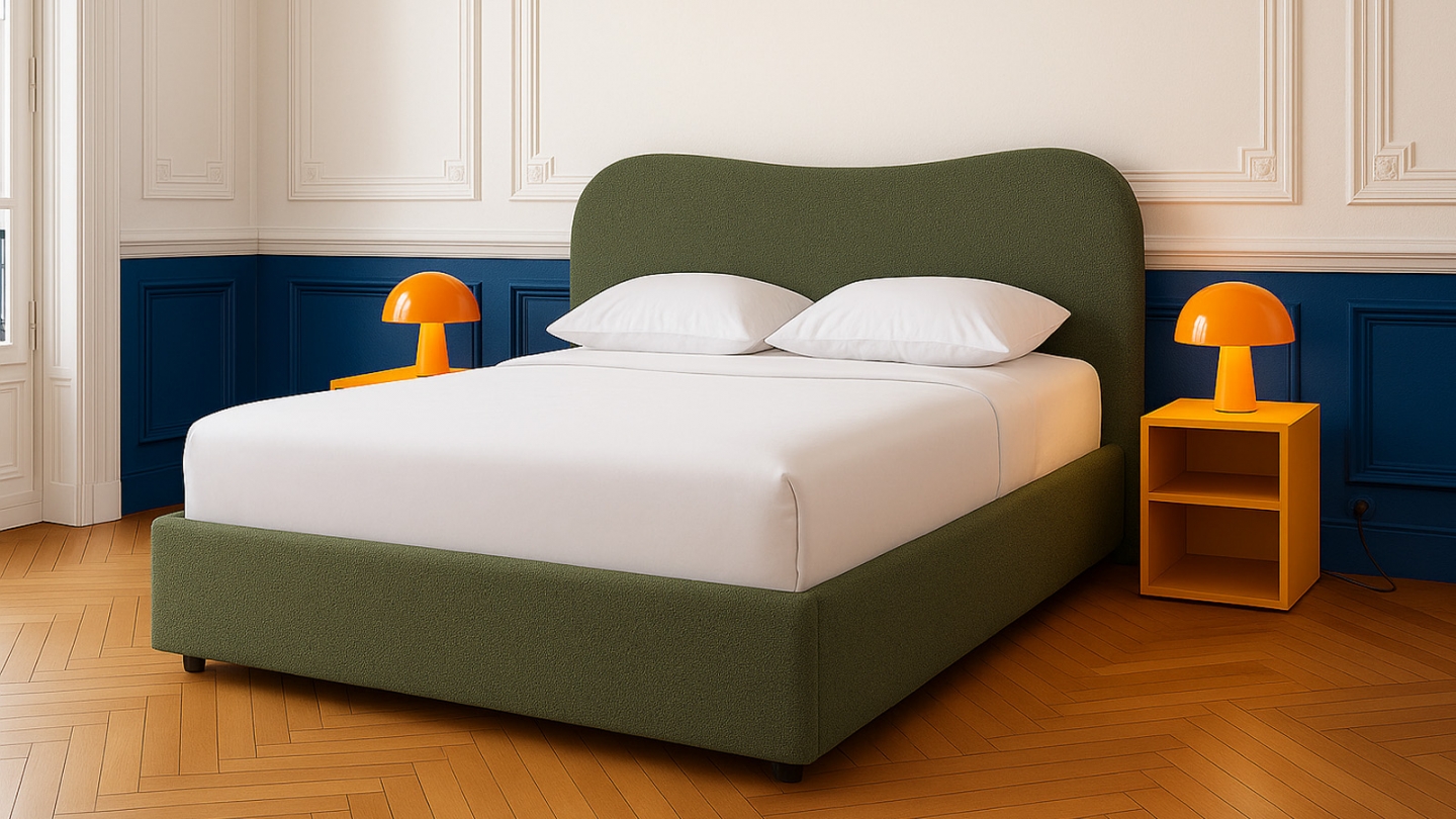Lit coffre adulte 140x190 cm avec tête de lit matelassée en tissu bouclé vert - Suzon