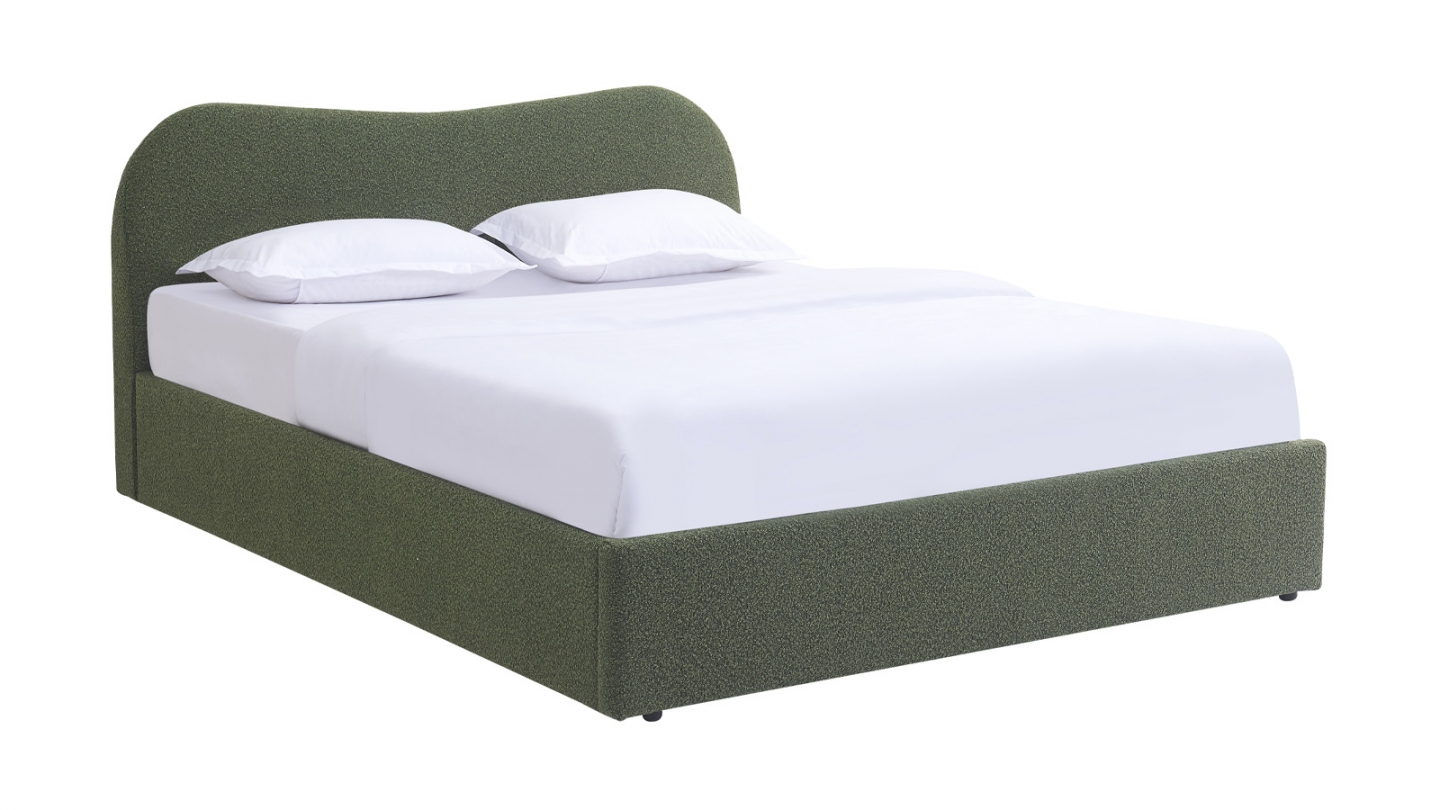 Lit coffre adulte 140x190 cm avec tête de lit matelassée en tissu bouclé vert - Suzon