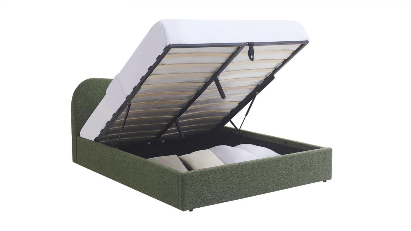 Lit coffre adulte 140x190 cm avec tête de lit matelassée en tissu bouclé vert - Suzon