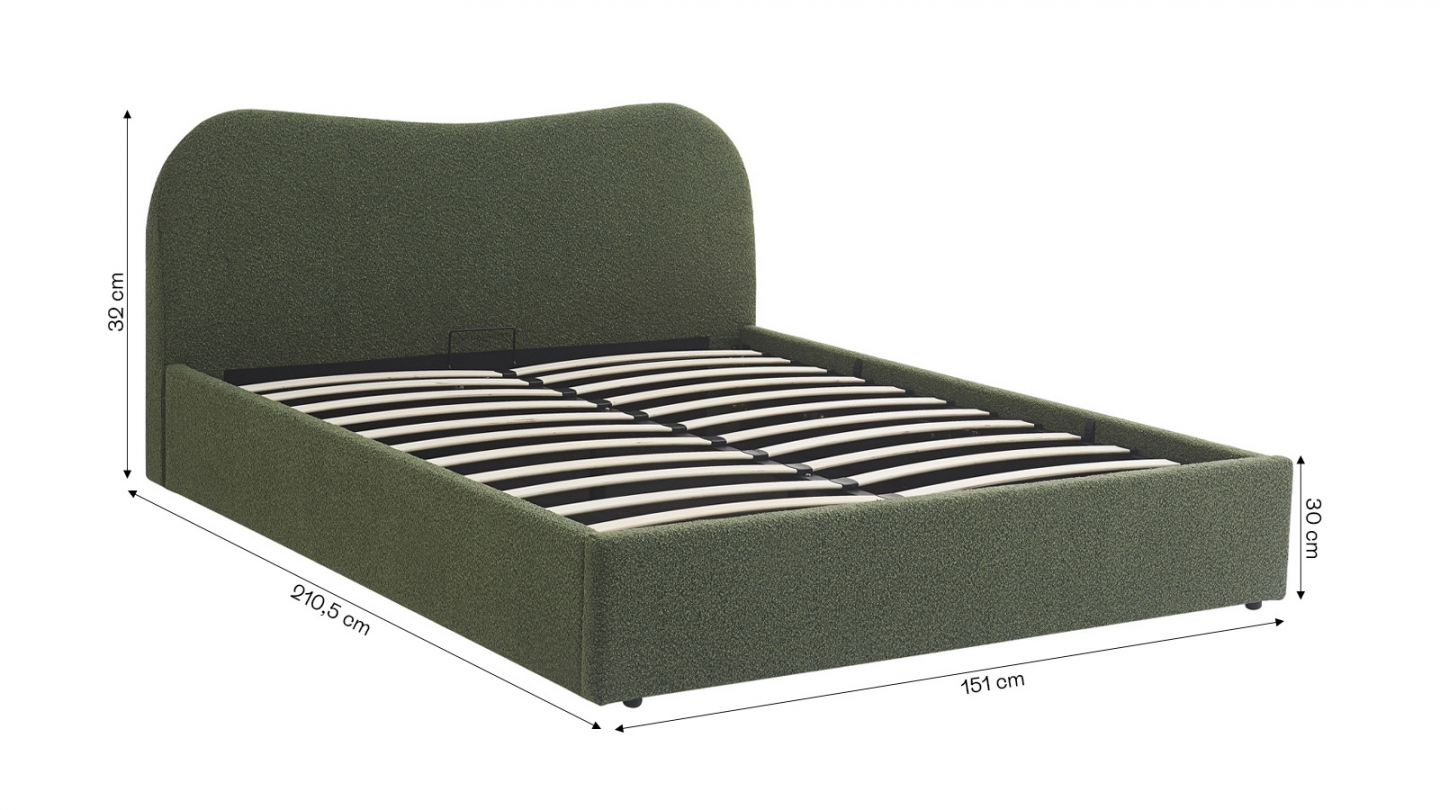 Lit coffre adulte 140x190 cm avec tête de lit matelassée en tissu bouclé vert - Suzon