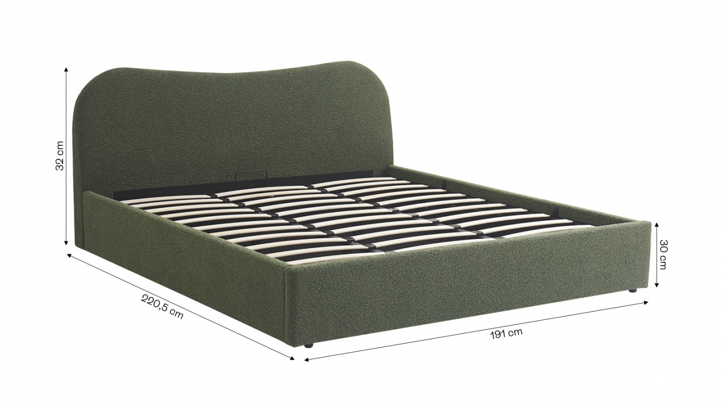 Lit coffre adulte 180x200 cm avec tête de lit matelassée en tissu bouclé vert - Suzon