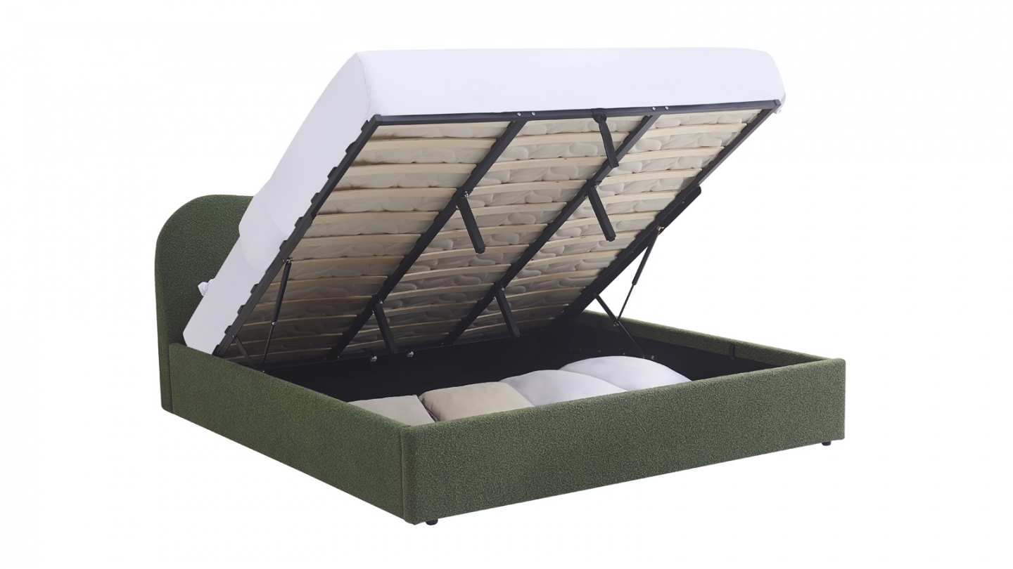 Lit coffre adulte 180x200 cm avec tête de lit matelassée en tissu bouclé vert - Suzon