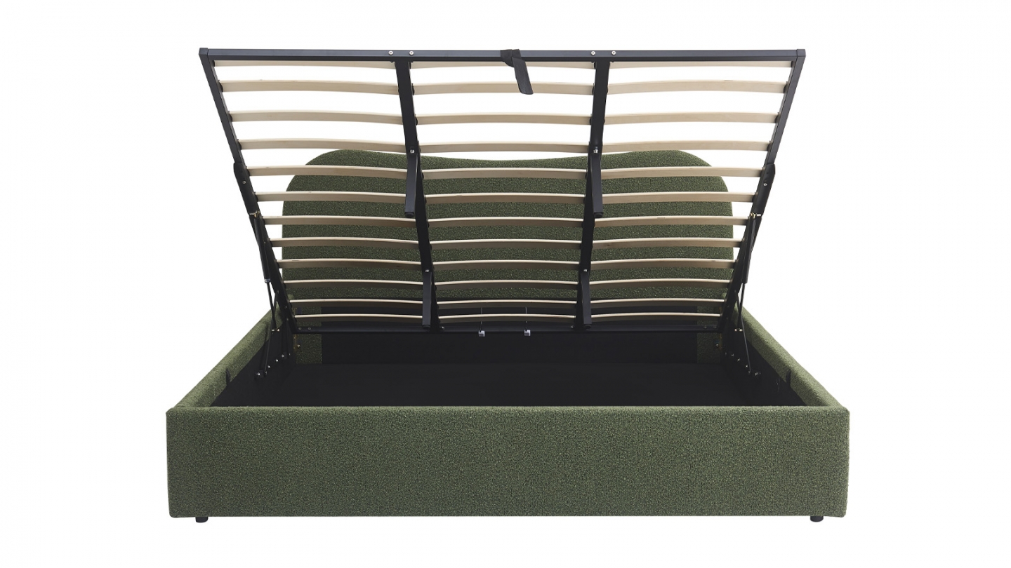Lit coffre adulte 180x200 cm avec tête de lit matelassée en tissu bouclé vert - Suzon