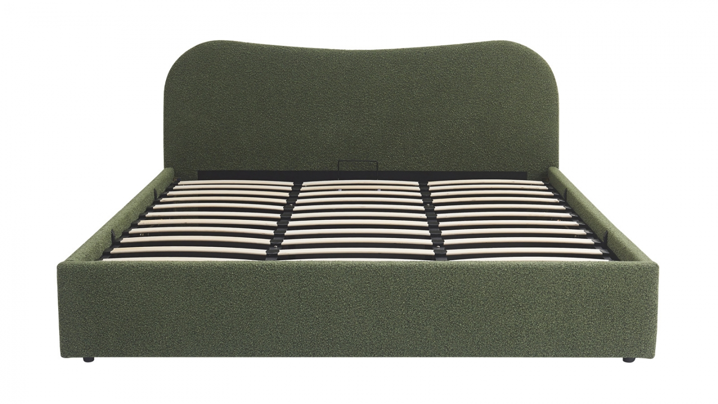 Lit coffre adulte 180x200 cm avec tête de lit matelassée en tissu bouclé vert - Suzon
