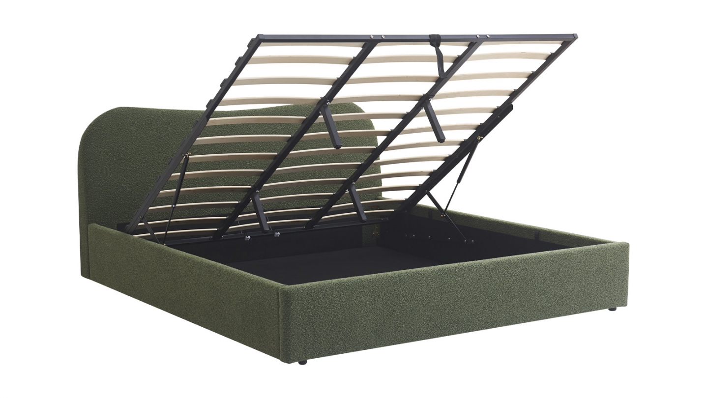 Lit coffre adulte 180x200 cm avec tête de lit matelassée en tissu bouclé vert - Suzon
