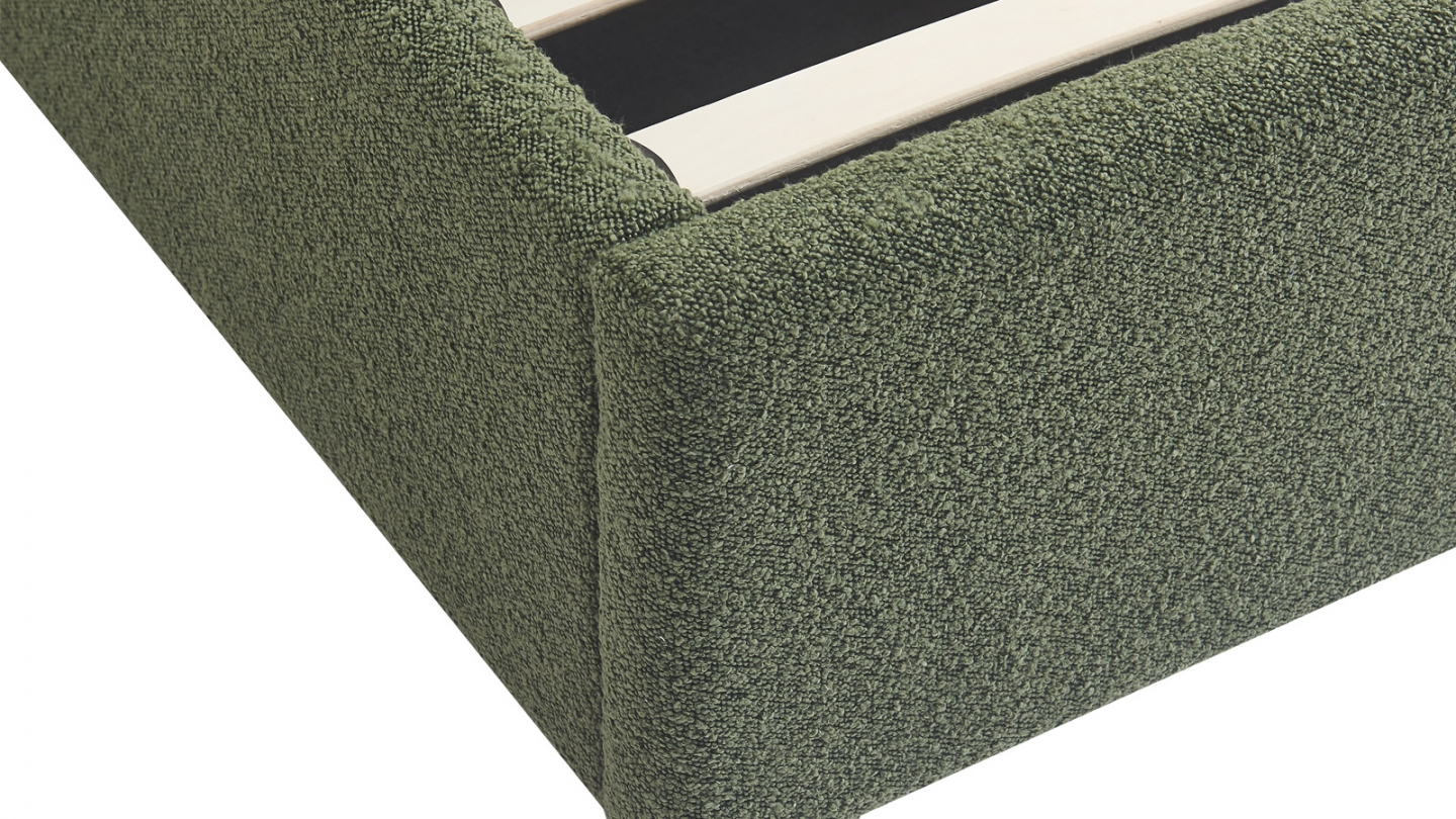 Lit coffre adulte 180x200 cm avec tête de lit matelassée en tissu bouclé vert - Suzon