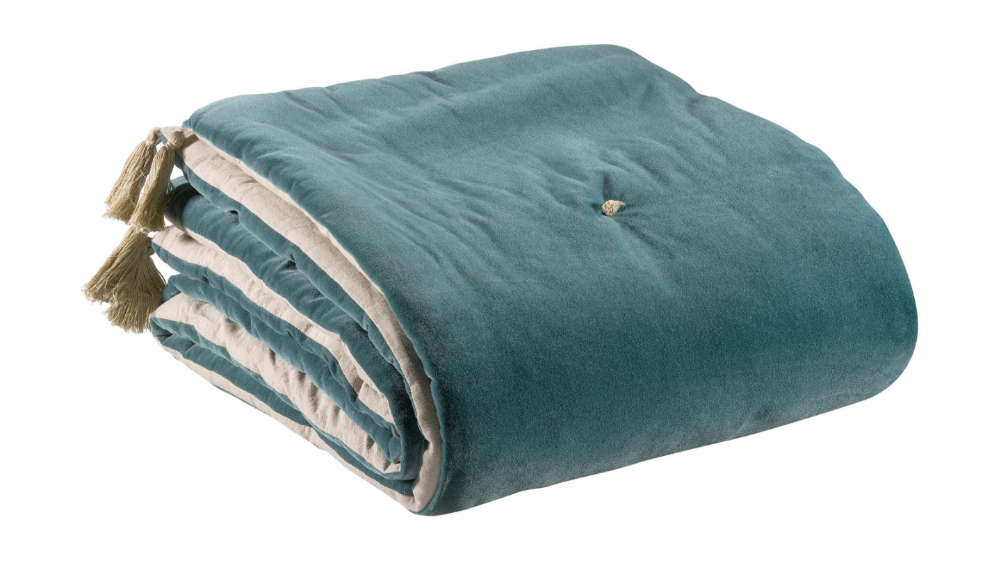 Edredon en velours Vert de gris avec pompons 80x180 cm - Elise