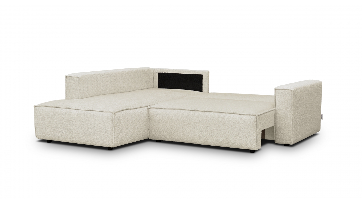 Canapé d'angle ouvert à gauche convertible 3 places en tissu bouclé beige - Emma