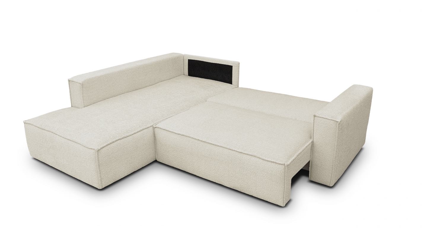 Canapé d'angle ouvert à gauche convertible 3 places en tissu bouclé beige - Emma