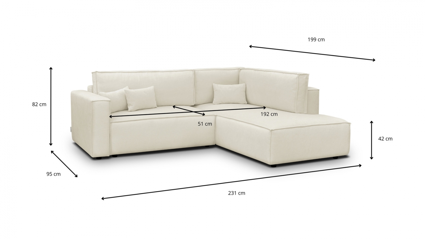 Canapé d'angle ouvert à droite convertible 3 places en tissu chenille beige - Emma