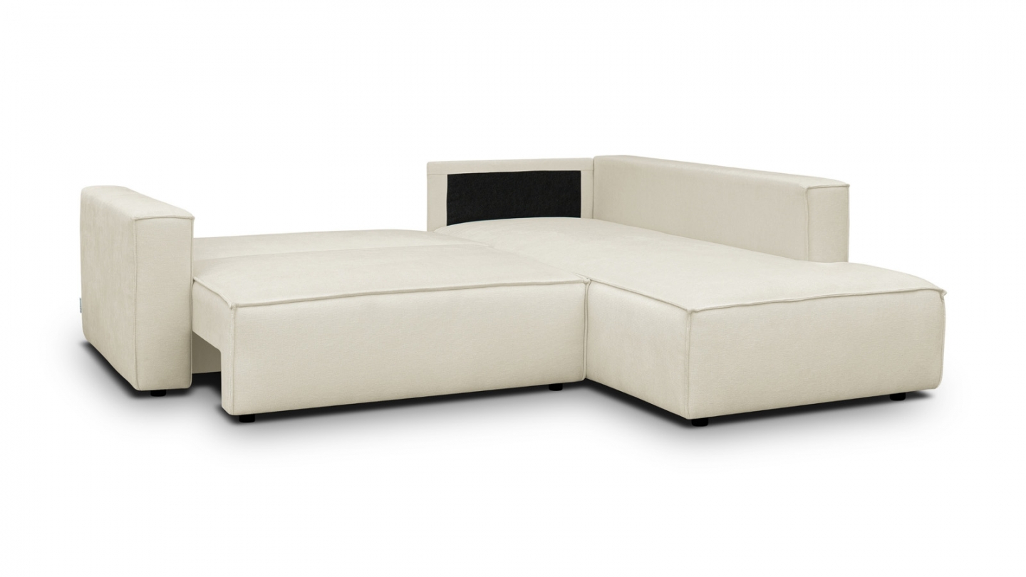 Canapé d'angle ouvert à droite convertible 3 places en tissu chenille beige - Emma